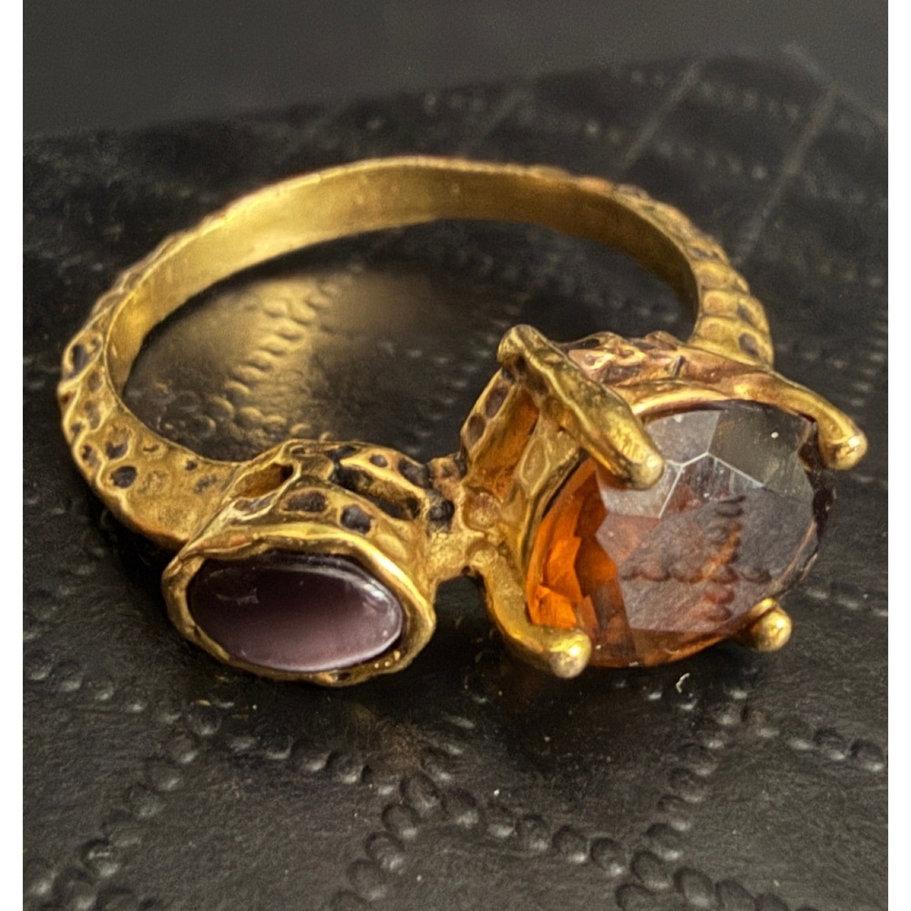 Rhinestone Cocktail Ring Gold Tone Brown Purple